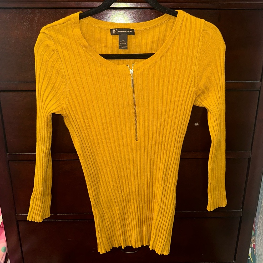 Charming Ribbed Zip-Front Sweater Top - Mustard Yellow